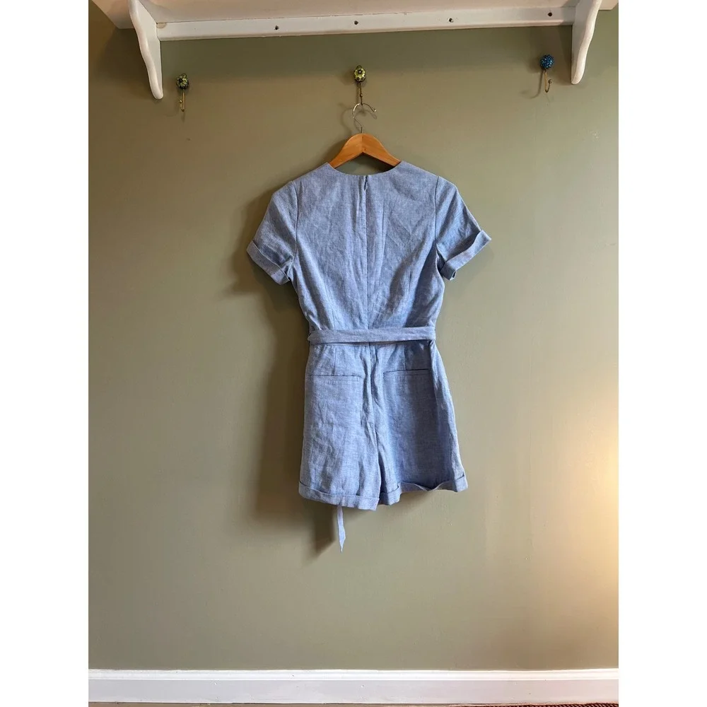 Banana Republic Womens Blue Linen Blend Chambray Wrap Romper Size 4 Short Sleeve